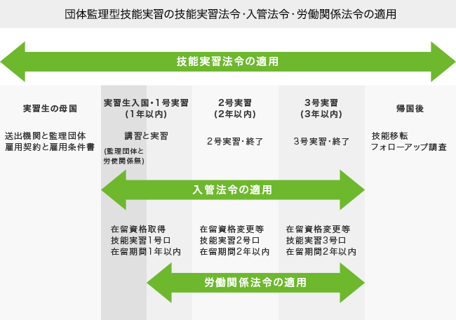 団体監理型技能実習の技能実習法令・入管法令・労働関係法令の適用